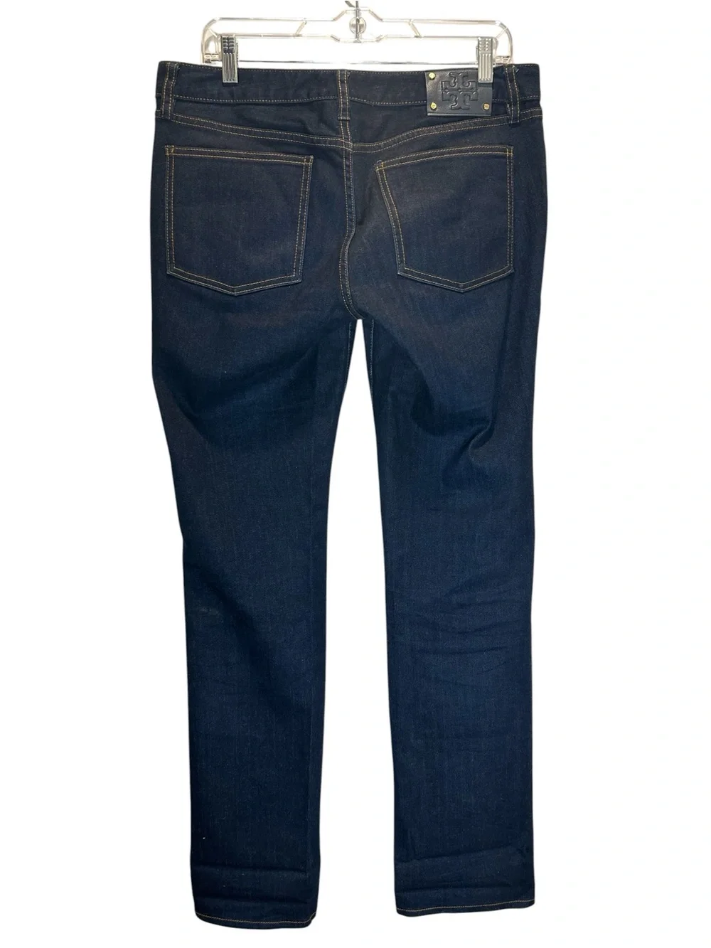Tory Burch Straight Leg Jeans Dark Wash Denim w/ Leather Logo Patch - Size 30